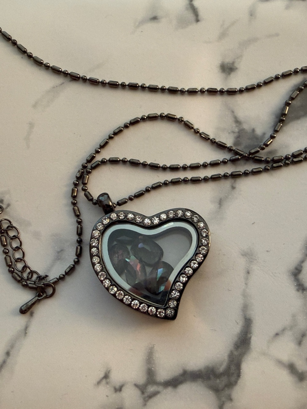Heart Locket Pendant Necklace with Clear Crystal Accents - Gunmetal